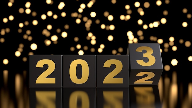 Blocos pretos com mudança de número dourado 2023 conceito de ano novo com luzes de Natal 3d render ilustração