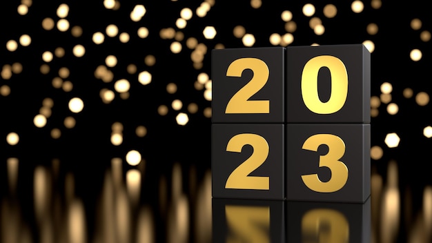 Blocos pretos com número dourado 2023 Conceito de ano novo com luzes de Natal ilustração de renderização 3D