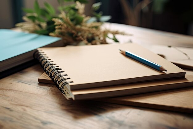 Blocs de notas azules y marrones con espacios vacíos de cerca en el escritorio Maqueta de una mesa blanca con una pila de cuadernos y hojas de pincel verde