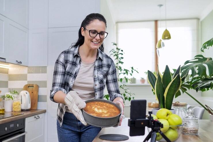Foto blog de comida mujer cocinando tarta de manzana en casa grabando receta en smartphone