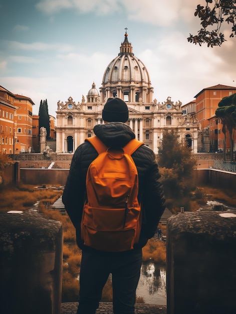 Blog do guia de Roma com visão traseira do homem de viagens com blog de viagens paisagísticas