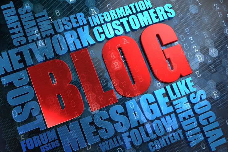 Foto blog - palabra principal roja con wordcloud azul sobre fondo digital.