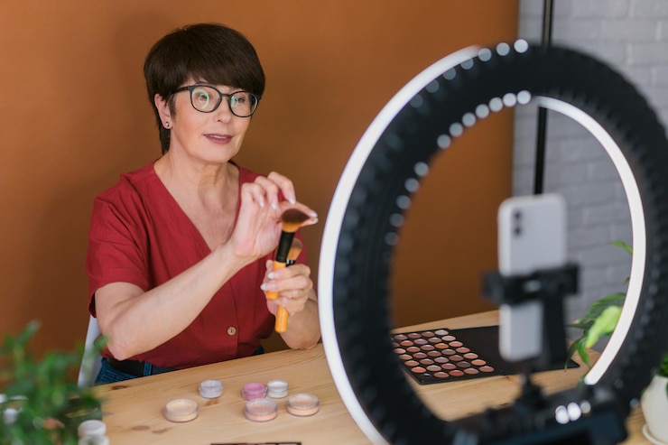 Foto blogger de belleza femenina de mediana edad o influencer con producto de maquillaje grabando video en la habitación en casa usando lámpara de anillo y teléfono inteligente