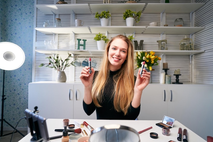 Foto blogger de belleza mujer filmando rutina de maquillaje diario tutorial cerca de la cámara en el trípode influencer chica rubia transmisión en vivo revisión de productos cosméticos en el estudio casero vlogger mujer comparando lápices labiales