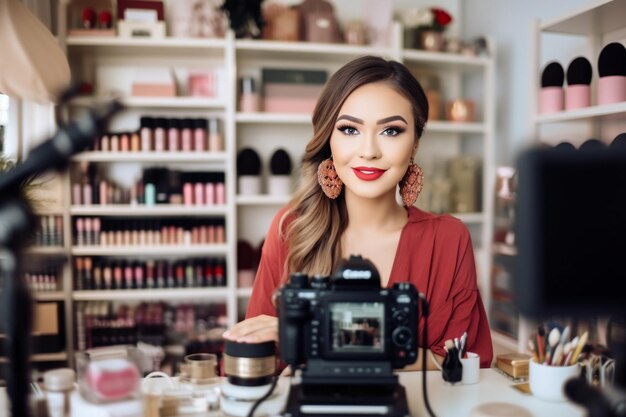 Foto blogger de belleza presenta cosméticos de belleza sentado frente a la cámara para grabar video