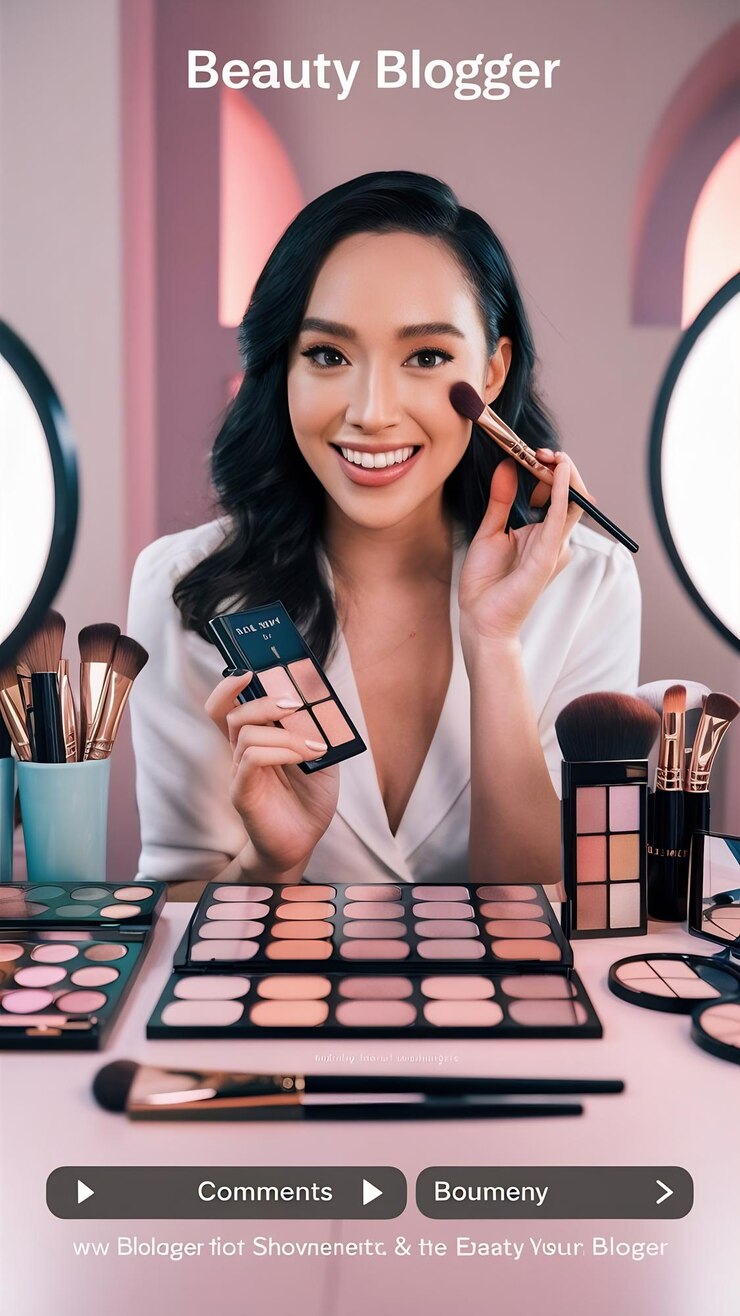 Foto blogger de belleza transmisión en vivo video de revisión de maquillaje en línea