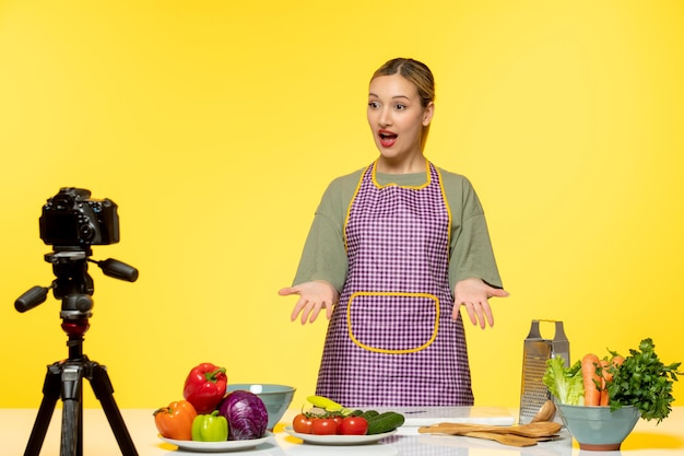 Blogger de comida joven cocinero fitness grabando video para redes sociales feliz de hacer ensalada