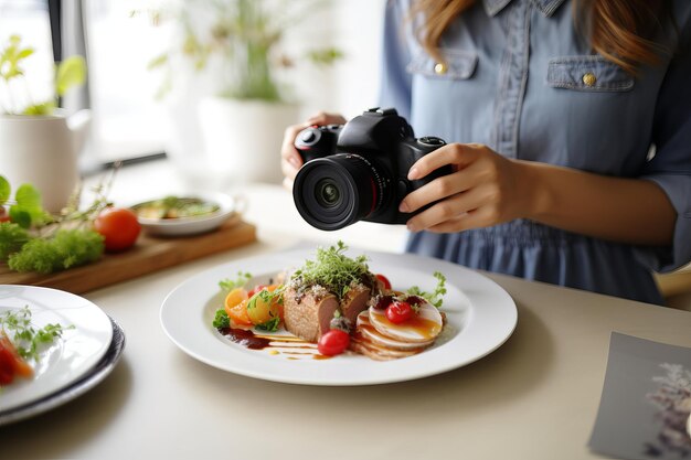 Blogger de comida que presenta un plato bellamente revestido con gráficos de temática culinaria en el fondo