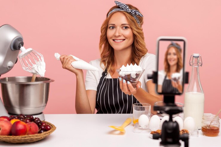 Foto blogger de comida rubia haciendo un video con un tutorial de postres de decoración mirando un teléfono inteligente en un trípode con una sonrisa sosteniendo un cono de pastel con crema foto de estudio interior aislada en fondo rosa