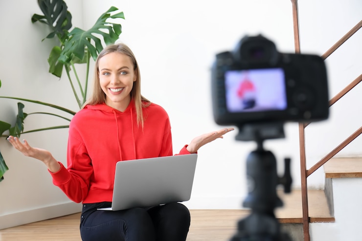 Foto blogger femenina grabando video en interiores