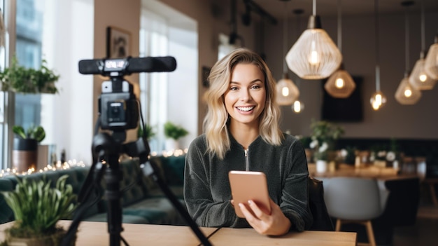 Blogger feminina gravando um vídeo