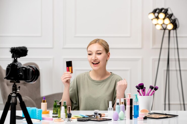 Foto blogger de maquillaje linda jovencita grabando tutorial de maquillaje en cámara muy emocionada