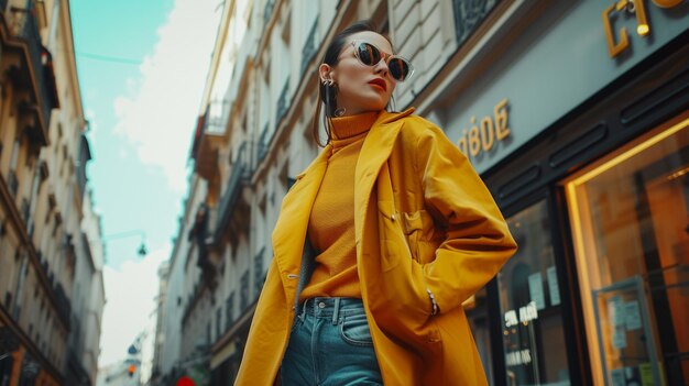 Blogger de moda con abrigos amarillos en el entorno urbano