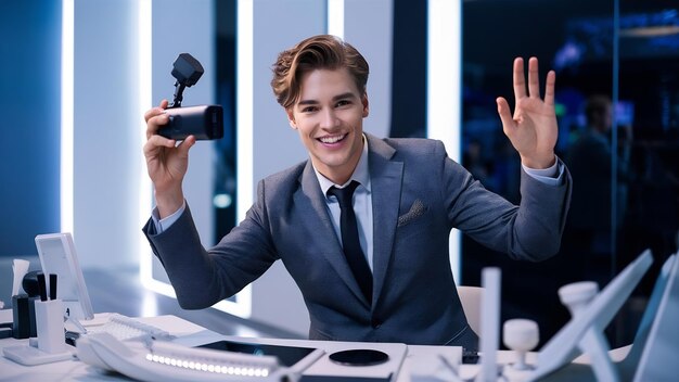 Blogger periodista joven guapo chico en traje gris grabando video orgulloso