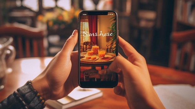 Blogger toma fotografías del desayuno en el teléfono inteligente Concepto de creación de contenido IA generativa