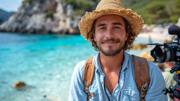 Blogger de viajes con un sombrero de paja joven chico guapo grabación