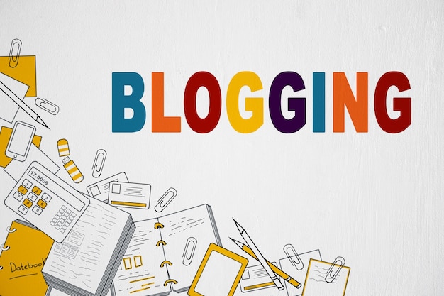 Blogging y concepto de éxito Esbozo de negocio creativo en fondo blanco de la pared