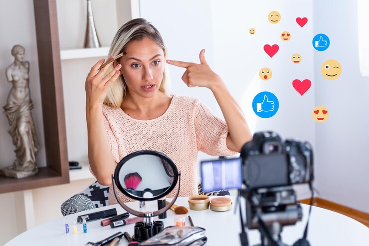 Blogueira famosa Vlogueira alegre está mostrando produtos cosméticos enquanto grava vídeos e dá conselhos para seu blog de beleza Foca na câmera digital