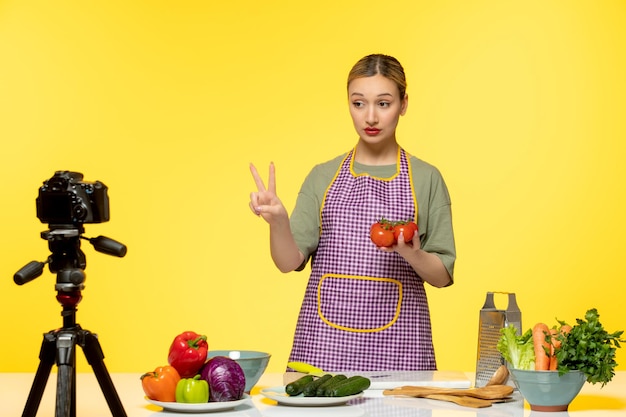 Blogueiro de comida adorável chef saudável gravando vídeo para mídia social segurando dois tomates