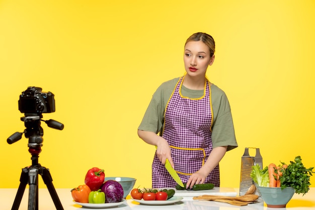 Blogueiro de comida jovem cozinheiro de fitness gravando vídeo para mídias sociais explicando como cortar