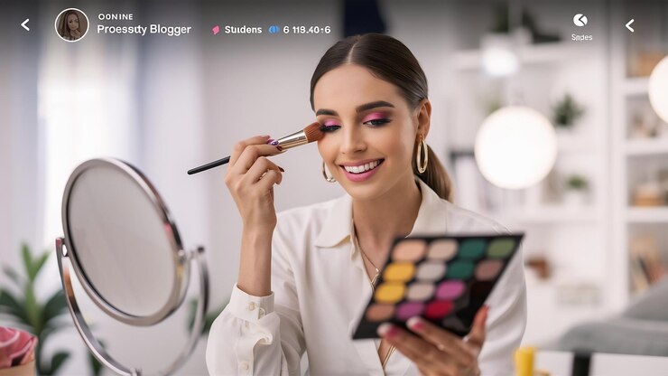 Foto una bloguera de belleza profesional transmite un video sobre maquillaje y aplica sombras coloridas con cosméticos