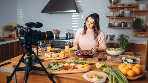 Bloguera de comida influyente en las redes sociales creando contenido mujer chef creando contenido grabando video