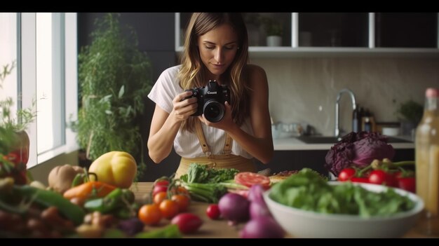 Una bloguera de comida que toma fotos de verduras en la cocina genera IA