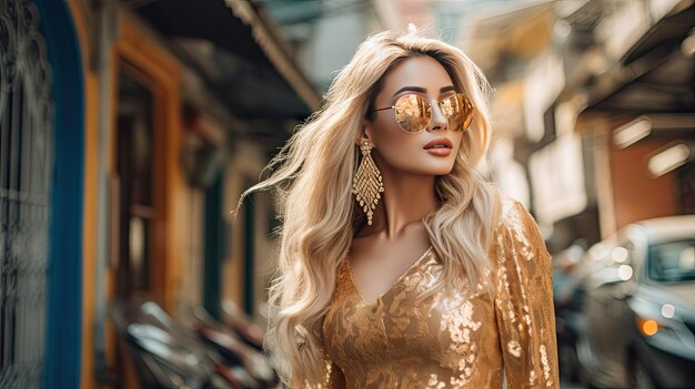 Foto blonde asiatische frau im goldenen kleid, schöne mode-streetstyle-prämie