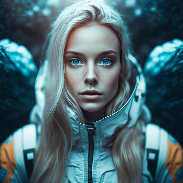 blonde Astronautin mit ihrem weißen Anzug in einer futuristischen kalten Stimmung