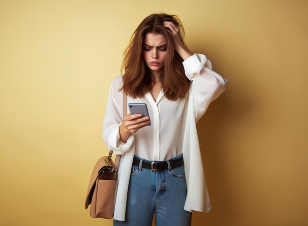 Blonde enttäuscht trauriges kaukasisches Mädchen mit Telefon aussehen gestresst runzeln auf Smartphone-Bildschirm fr