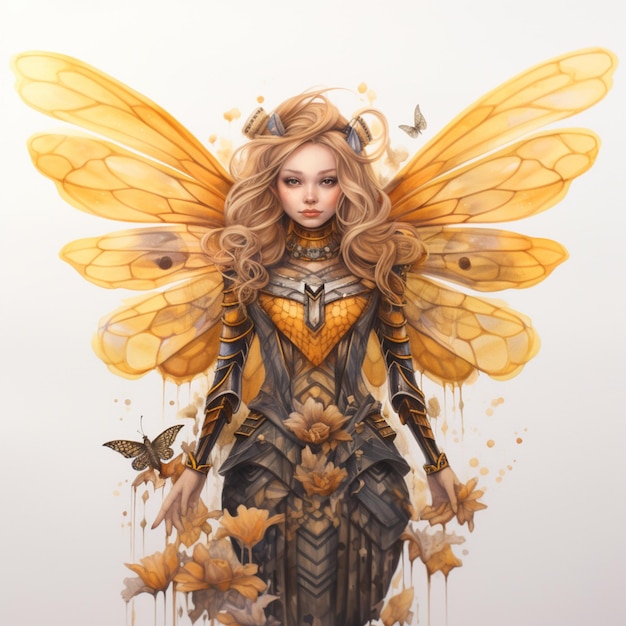 Blonde Fee mit Schmetterlingsflügeln und goldenem Kleid. Generative KI