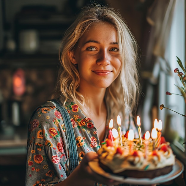 Blonde Frau feiert Geburtstag zu Hause