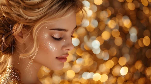 Blonde Frau im goldenen Kleid gegen glitzernden Hintergrund Augen geschlossen, Luxus und Eleganz präsentierend Konzept Luxus Mode Glamouröses Model funkelndes Hintergrund Eleganz Augen geschlossen