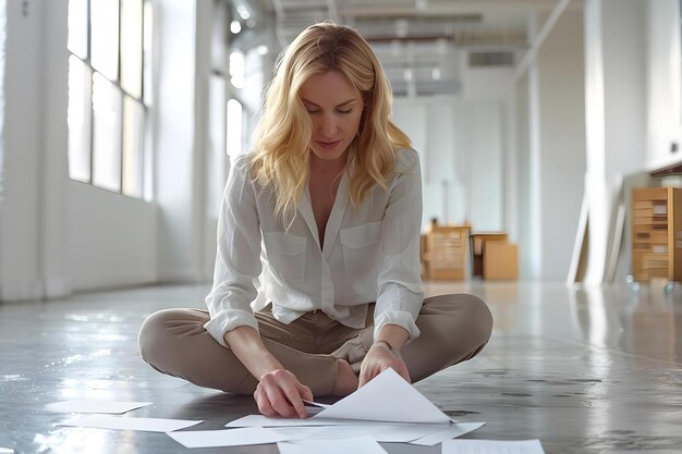 Foto blonde frau in einer büroumgebung, die versehentlich papiere fallen lässt konzept bürofehler ungeschickte situation blonde frau papierarbeit misserfolg büroumwelt