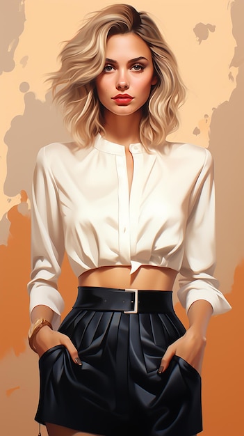 blonde Frau in weißem Hemd und schwarzem Rock, die für ein Bild posieren