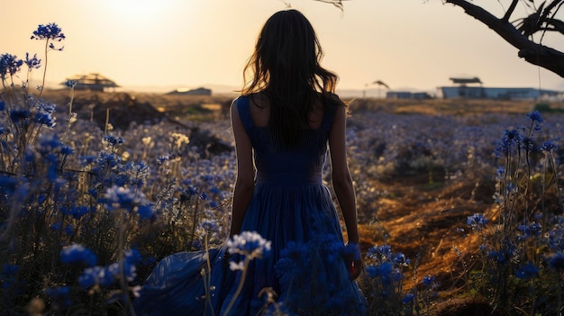 Foto blonde frau inmitten von lebendigen blumen unter einem blauen himmel, die die schönheit der natur und die ätherische eleganz einfangen