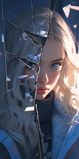 Blonde Frau mit blauen Augen schaut durch ein gebrochenes Glasfenster