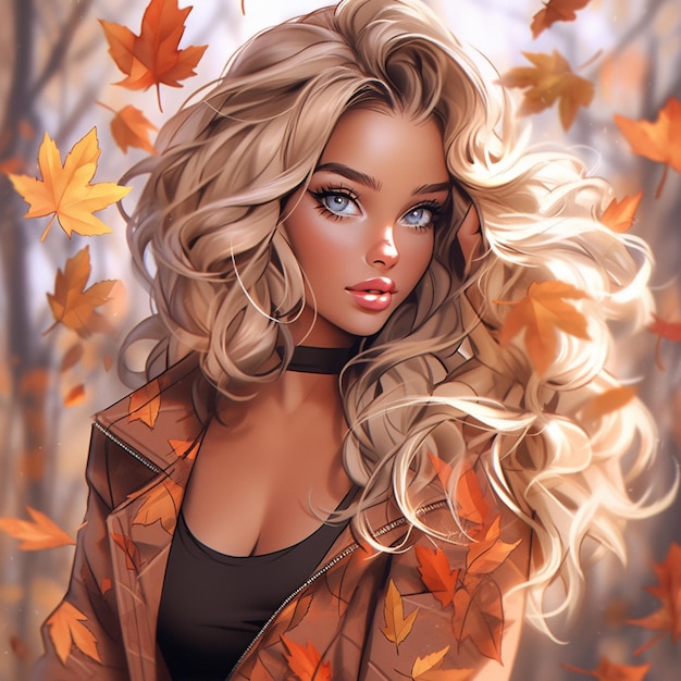 blonde Frau mit blauen Augen und brauner Jacke im Herbst blättert generativ ai