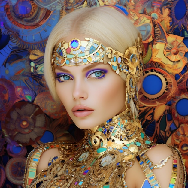 Blonde Frau mit blauen Augen und goldenem Kopfstück posiert vor einem farbenfrohen Hintergrund.