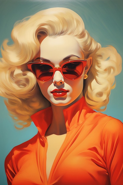 Blonde Frau mit roter Sonnenbrille und rotem Hemd, generative KI