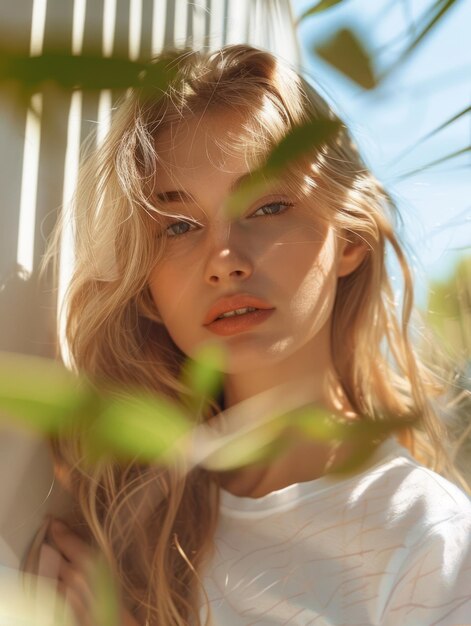 Blonde Frau mit T-Shirt posiert im Garten