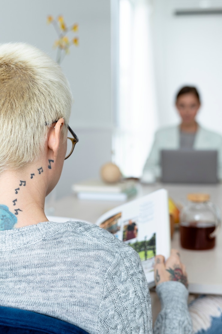 Foto blonde frau mit tattoo liest ein buch