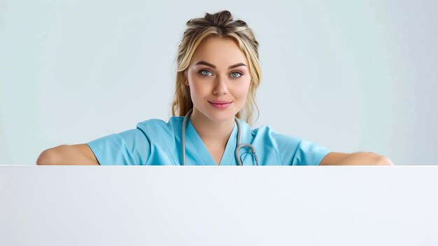 Foto blonde krankenschwester mit stethoskop von hinten, die ein großes banner auf weißem hintergrund hält