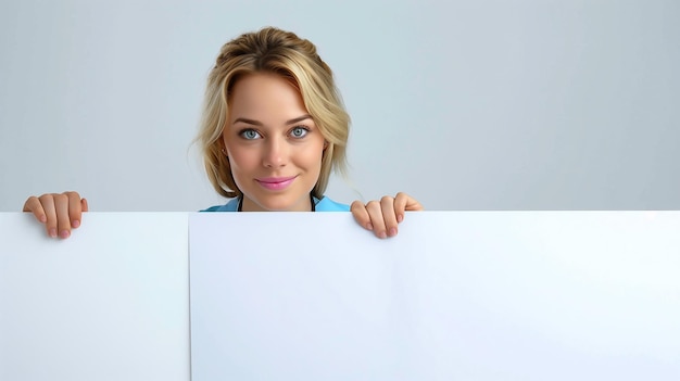 Foto blonde krankenschwester mit stethoskop von hinten, die ein großes banner auf weißem hintergrund hält