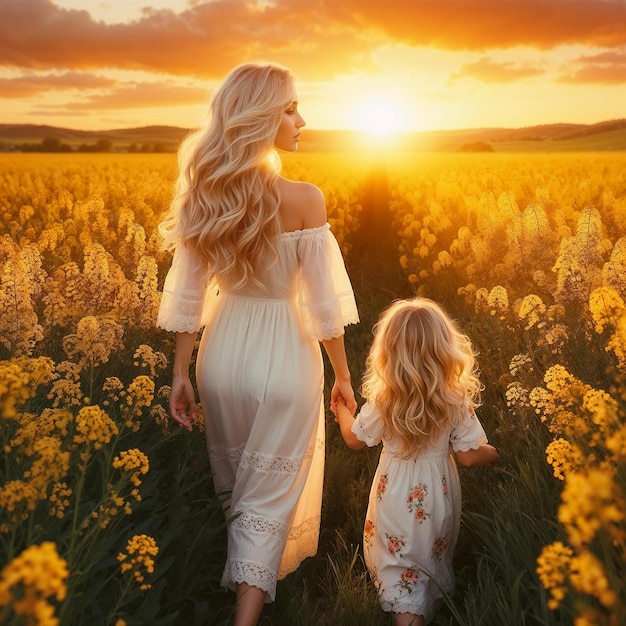 Foto blonde mutter mit ihrer tochter die beiden gehen in einem feld von gelben blumen bei sonnenuntergang ki generiert