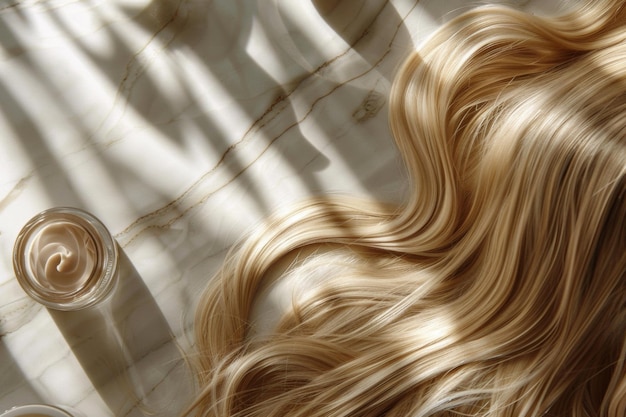 Blonde Schlösser kaskadieren um ein offenes Glas Sahne herum, was auf ein Thema Schönheit und Haarpflege hindeutet