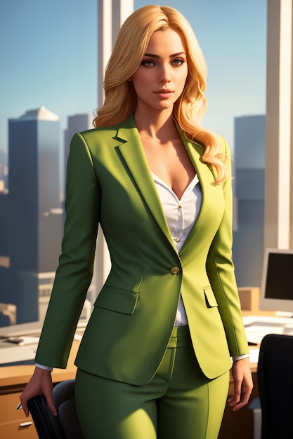 Blonde, stilvolle Geschäftsfrau in grüner Bürokleidung