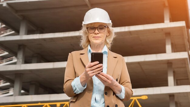 Blonder Architekt mit Helm hält Smartphone in der Hand, um Kunden anzurufen