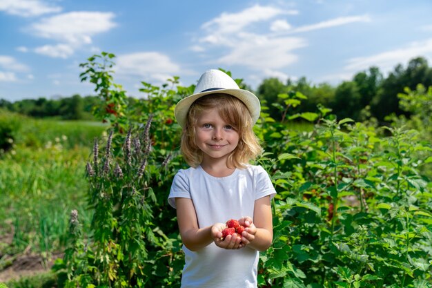 Blonder junge in einem strohhut, der eine handvoll reifer erdbeeren hält