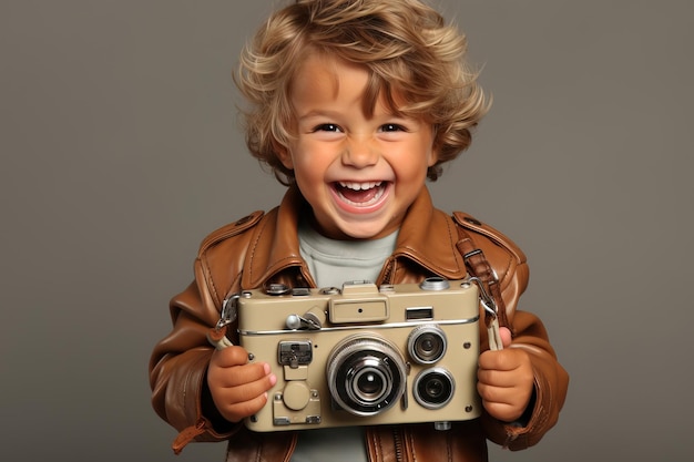 Blonder Junge lächelt und hält eine alte analoge Filmkamera im Studio Porträt grauer Hintergrund